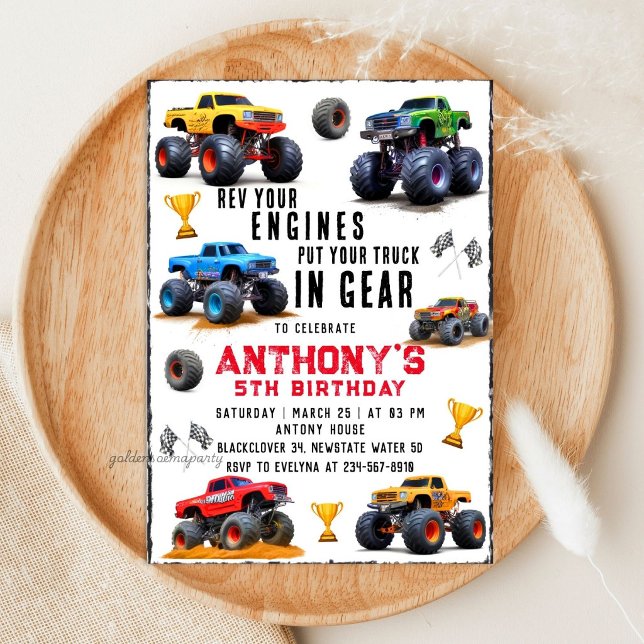 Invitation d'anniversaire d'équipe de camion monst (Monster Truck Team Birthday Party Invitation
)