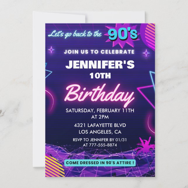 Invitation d'anniversaire des 10 ans thème rétro 9 (Devant)