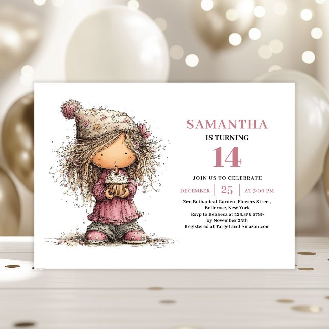 Invitation d'anniversaire des 14 ans d'une fille d (Funny Quirky Girl 14th Birthday Invitation Pink)
