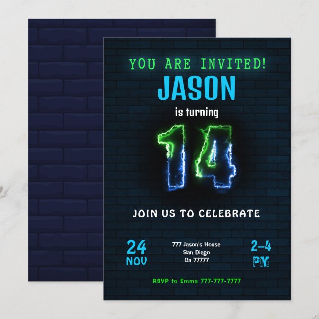 Invitation d'anniversaire des 14 ans pour garçon (Devant / Derrière)