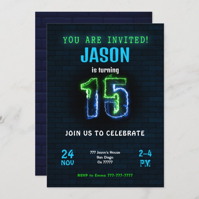 Invitation d'anniversaire des 15 ans d'un garçon (Devant / Derrière)