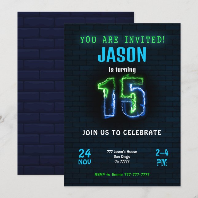 Invitation d'anniversaire des 15 ans pour garçon (Devant / Derrière)