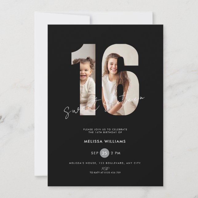 Invitation d'anniversaire des 16 ans avec photo no (Devant)