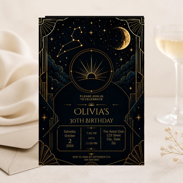 Invitation d'anniversaire des 30 ans du Lion | Dar (Dark Art Deco Leo zodiac 30th birthday invitation with celestial details and elegant moody styling)