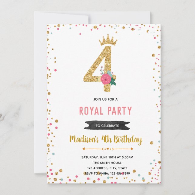 Invitation d'anniversaire des 4 ans de princesse (Devant)