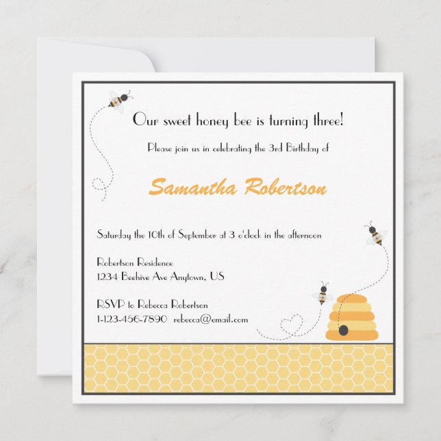 Invitation d'anniversaire des abeilles en efferves (Devant)
