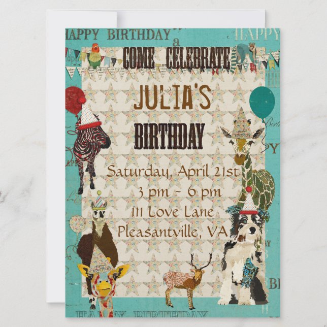 Invitation d'anniversaire des animaux de fête (Devant)