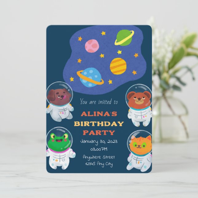 Invitation d'anniversaire des astronautes animaux (Debout devant)