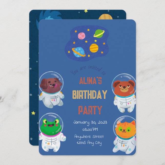 Invitation d'anniversaire des astronautes animaux (Devant / Derrière)