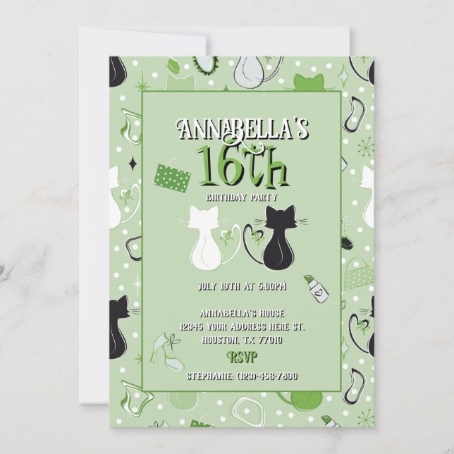 Invitation d'anniversaire des chats à coeur vert d (Devant)