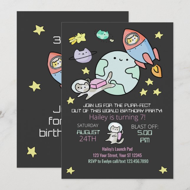 Invitation d'anniversaire des chats de l'espace ex (Devant / Derrière)