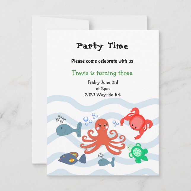 Invitation d'anniversaire des créatures de la mer (Devant)