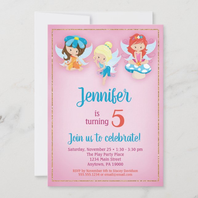 Invitation d'anniversaire des fées - Filles Fairy  (Devant)