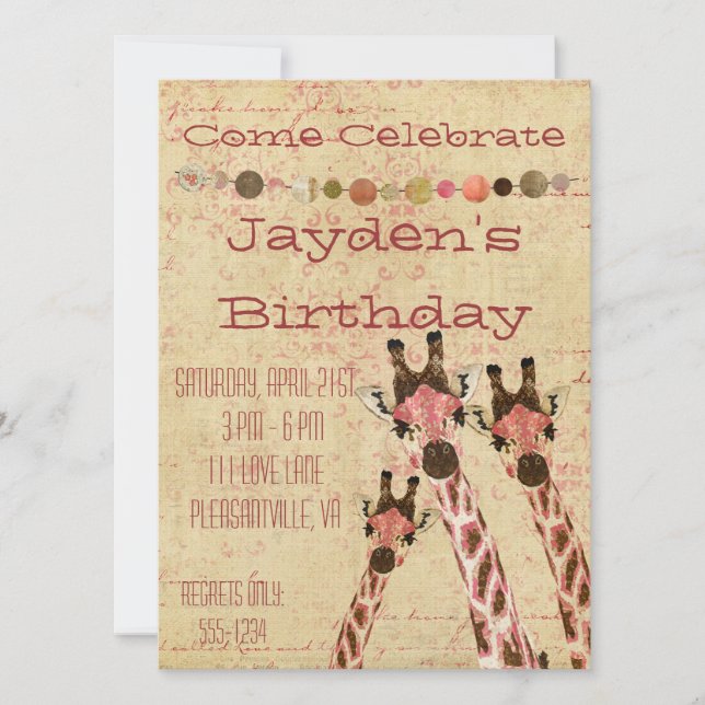 Invitation d'anniversaire des Giraffes Rosa et Cui (Devant)