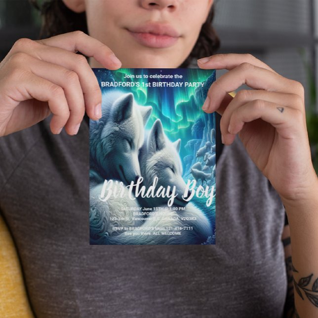 Invitation d'anniversaire des loups blancs majestu (Créateur téléchargé)