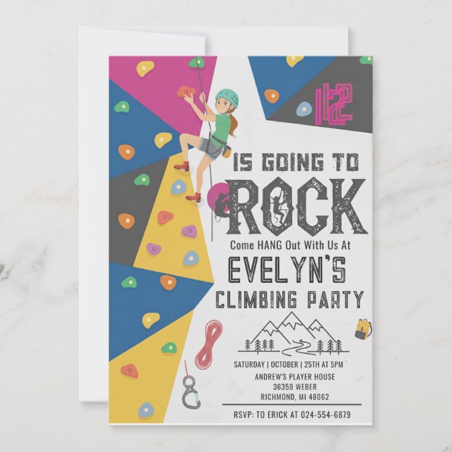 Invitation d'anniversaire d'escalade de fille pers (Devant)