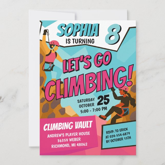 Invitation d'anniversaire d'escalade pour filles p (Devant)