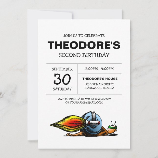 Invitation d'anniversaire d'escargot de fusée (Devant)