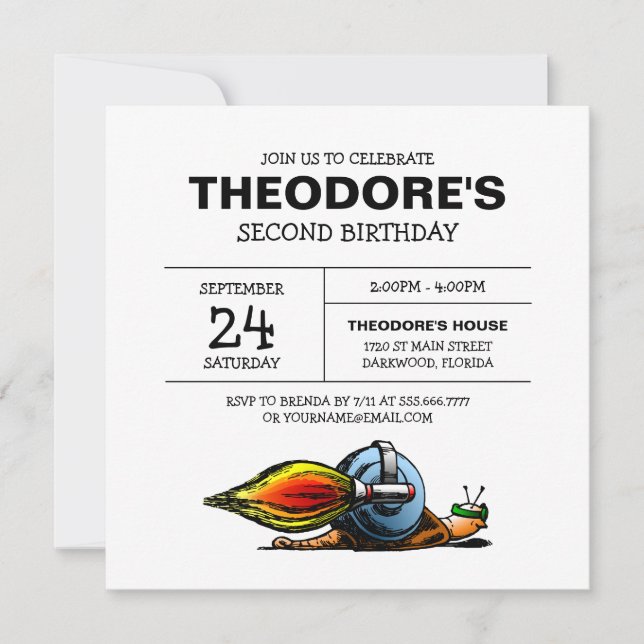 Invitation d'anniversaire d'escargot de fusée (Devant)