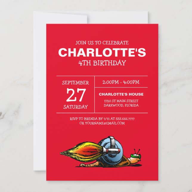 Invitation d'anniversaire d'escargot de fusée (Devant)