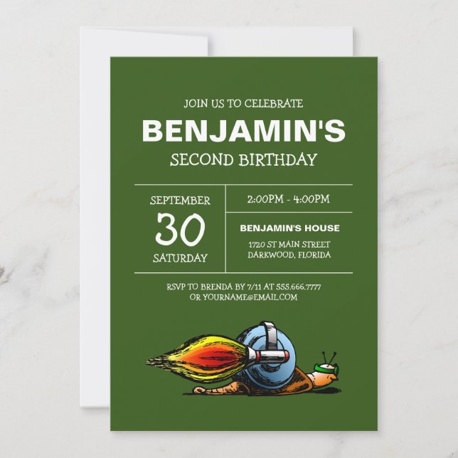 Invitation d'anniversaire d'escargot de fusée (Devant)