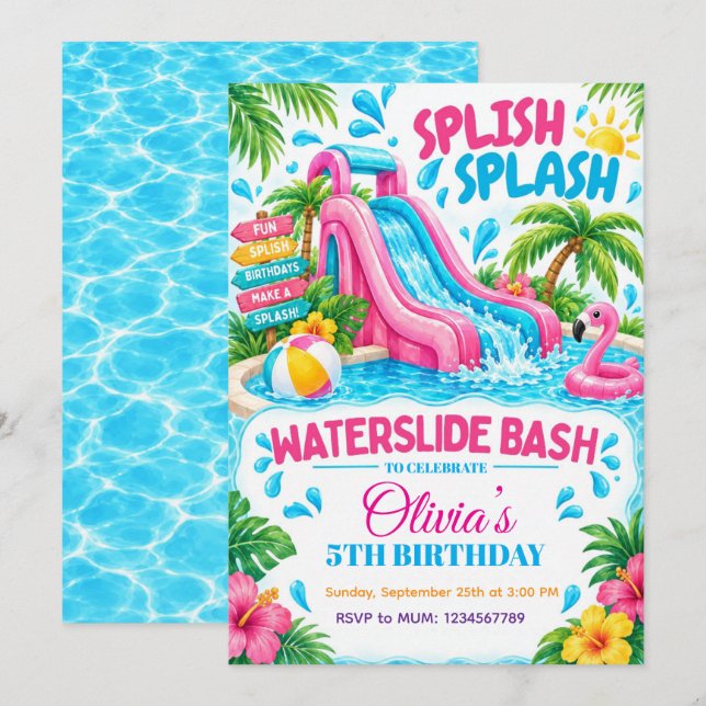 Invitation d'anniversaire d'été Bash Toboggan aqua (Devant / Derrière)