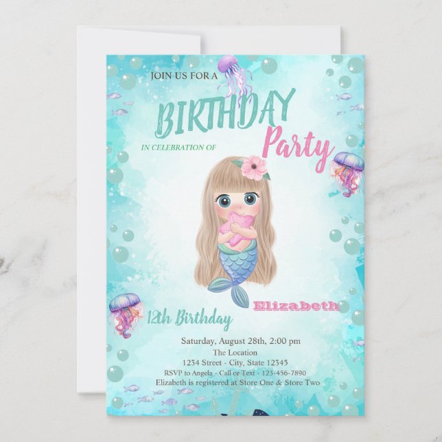Invitation d'anniversaire d'été de petite sirène (Devant)