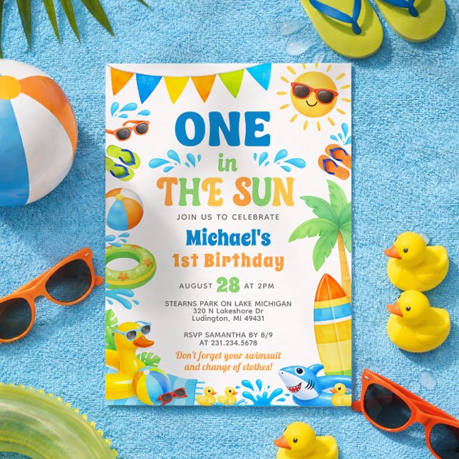 Invitation d'anniversaire d'été pour 1 an - Un dan (Boy 1st Birthday Invitation - Summer First Birthday Invite - One in the Sun - Editable Template)