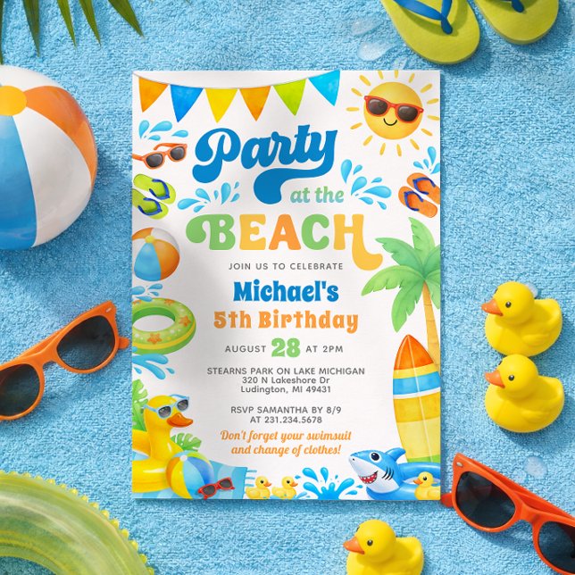 Invitation d'anniversaire d'été pour garçons - Fêt (Beach Party Birthday Invitation - Boy Summer Birthday - Duck and Shark Theme)
