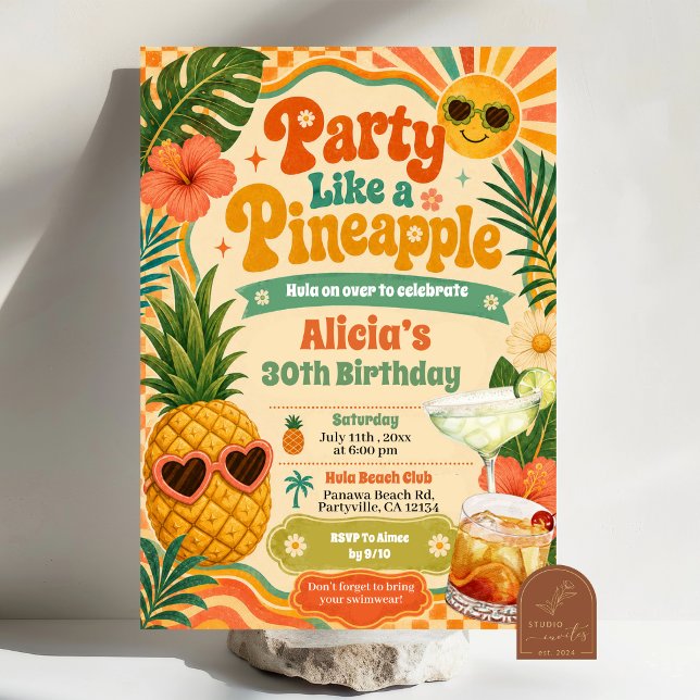 Invitation d'anniversaire d'été Retro Pineapple Ma (Créateur téléchargé)