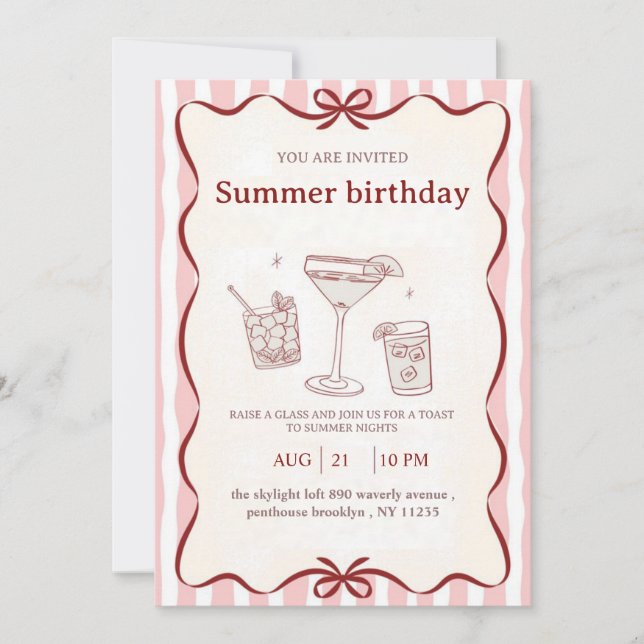 Invitation d'anniversaire d'été rose - Élégant Coc (Devant)