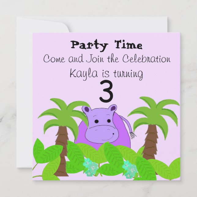 Invitation d'anniversaire d'hippopotame violet (Devant)