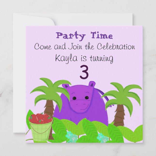 Invitation d'anniversaire d'hippopotame violet (Devant)
