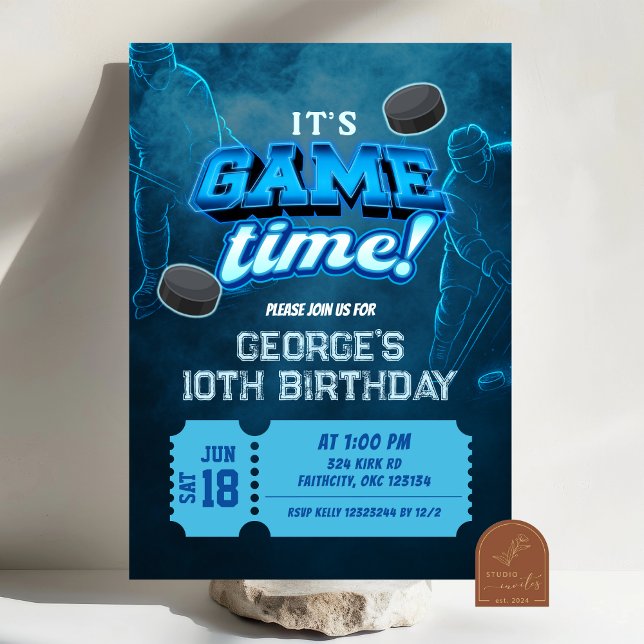 Invitation d'anniversaire d'hiver de hockey néon (Créateur téléchargé)