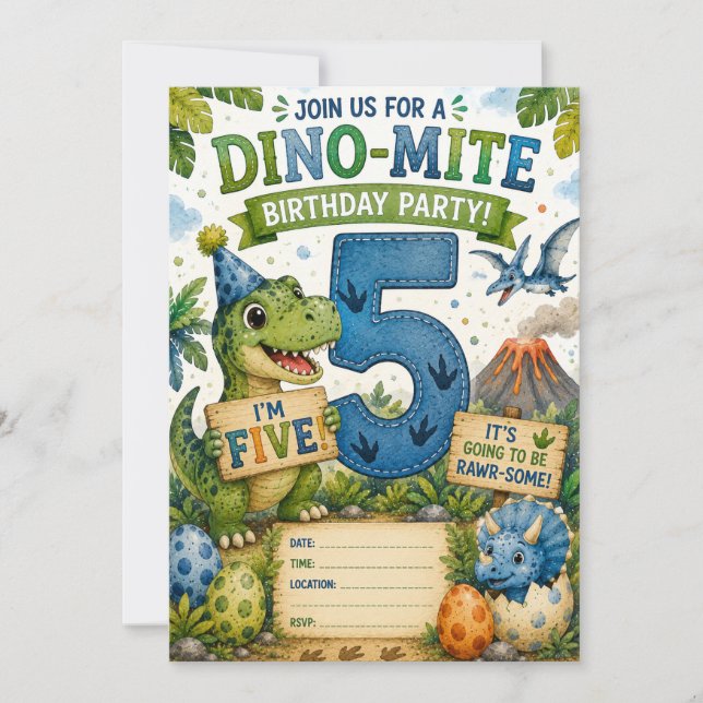 Invitation d'anniversaire Dino-Mite 5 ans (Devant)