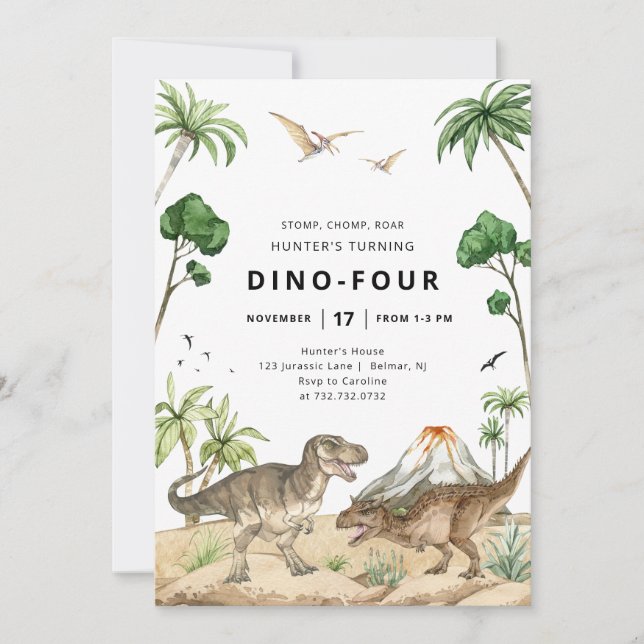 Invitation d'anniversaire Dino-Quatre Dinosaure (Devant)