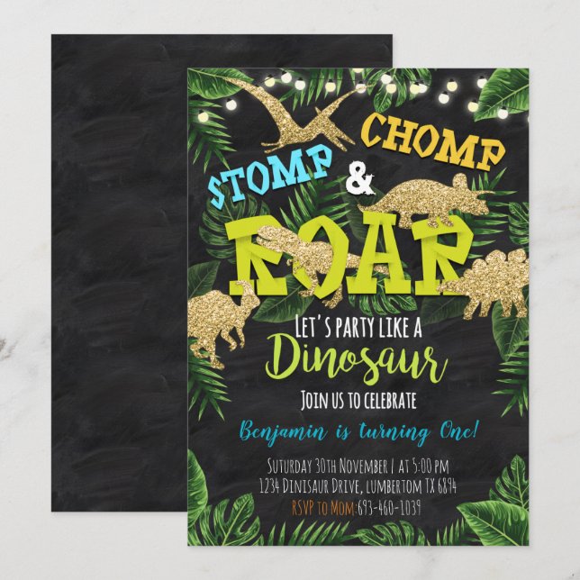 Invitation d'anniversaire Dinosaur Stomp & Chomp (Devant / Derrière)