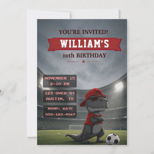 Invitation d'anniversaire Dinosaure de Football (Devant)