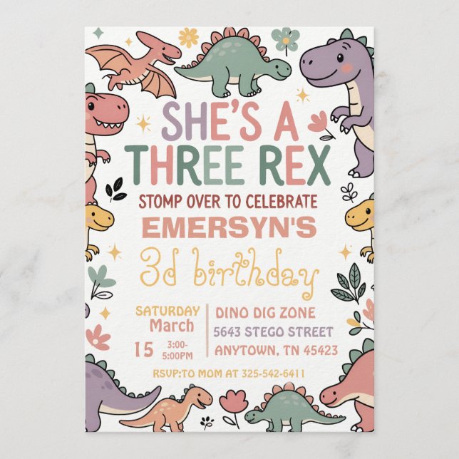 Invitation d'anniversaire dinosaure pastel (Devant)