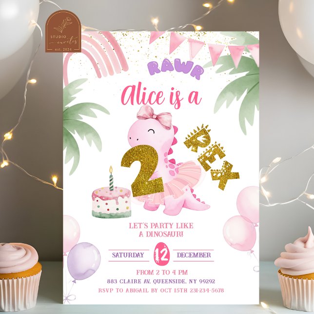 Invitation d'anniversaire Dinosaure Pastel Rose 2- (Créateur téléchargé)