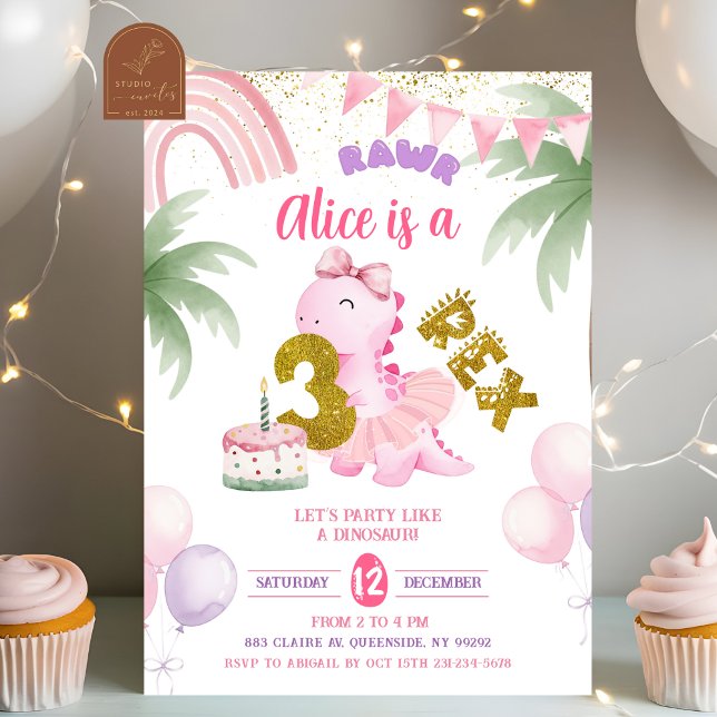 Invitation d'anniversaire dinosaure pastel rose 3- (Créateur téléchargé)