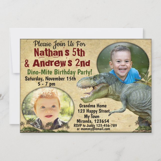 Invitation d'anniversaire dinosaure pour jumeaux,  (Devant)