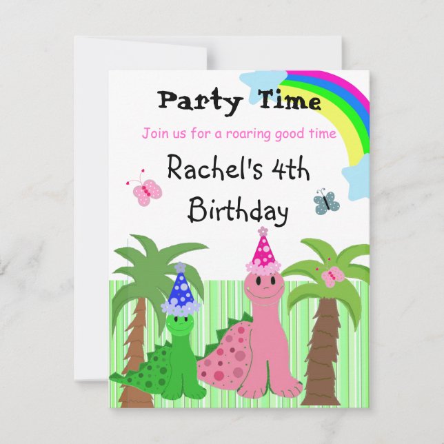 Invitation d'anniversaire dinosaure rose pour fill (Devant)