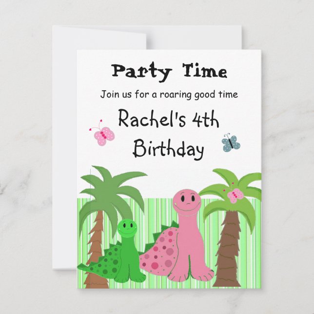 Invitation d'anniversaire dinosaure rose pour fill (Devant)