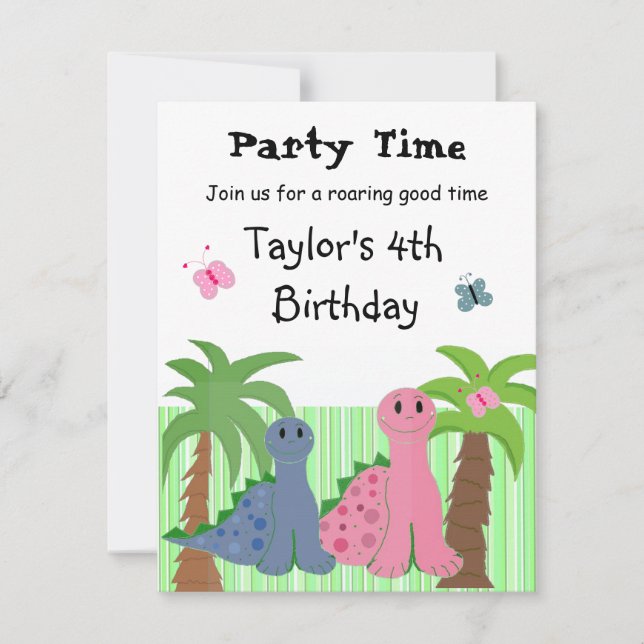 Invitation d'anniversaire dinosaure rose pour fill (Devant)