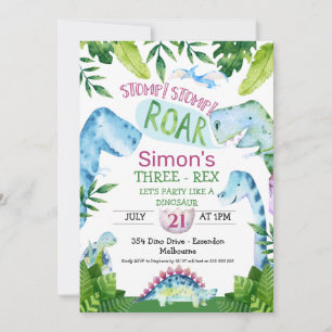 Invitation d'anniversaire Dinosaure T Rex Bleu Ver