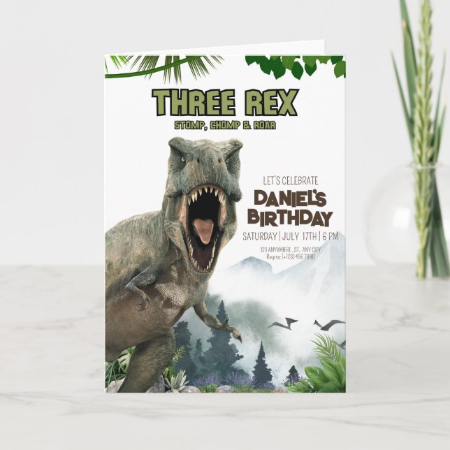 Invitation d'anniversaire dinosaure Trois invitati (Devant)