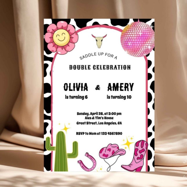 Invitation d'anniversaire disco de cowgirl (cowgirl disco invitation, western birthday invite, cow print party invite, double birthday invitatio)