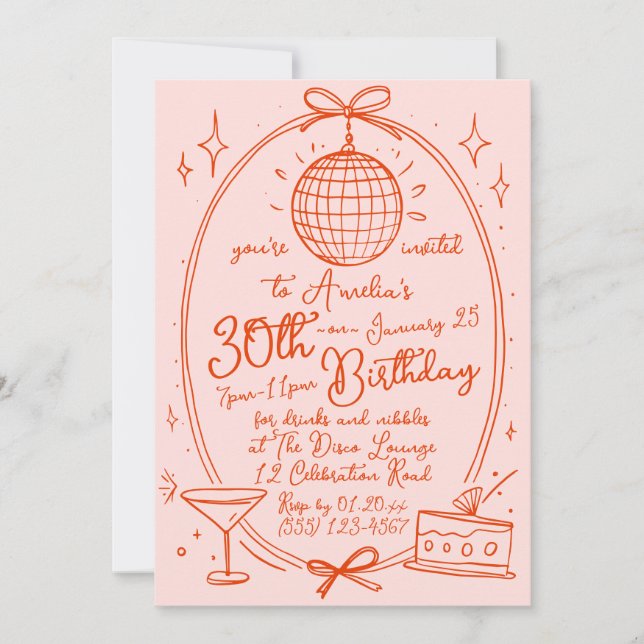 Invitation d'anniversaire disco dessinée à la main (Devant)