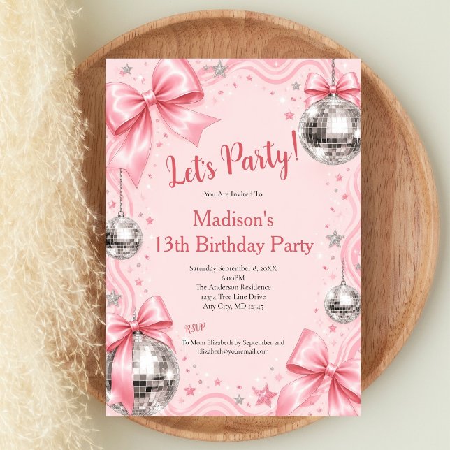 Invitation d'anniversaire disco fille rose Coquett (Pink Coquette Bow Disco Ball Teen Girls Birthday party invitation. Printed or Digital)